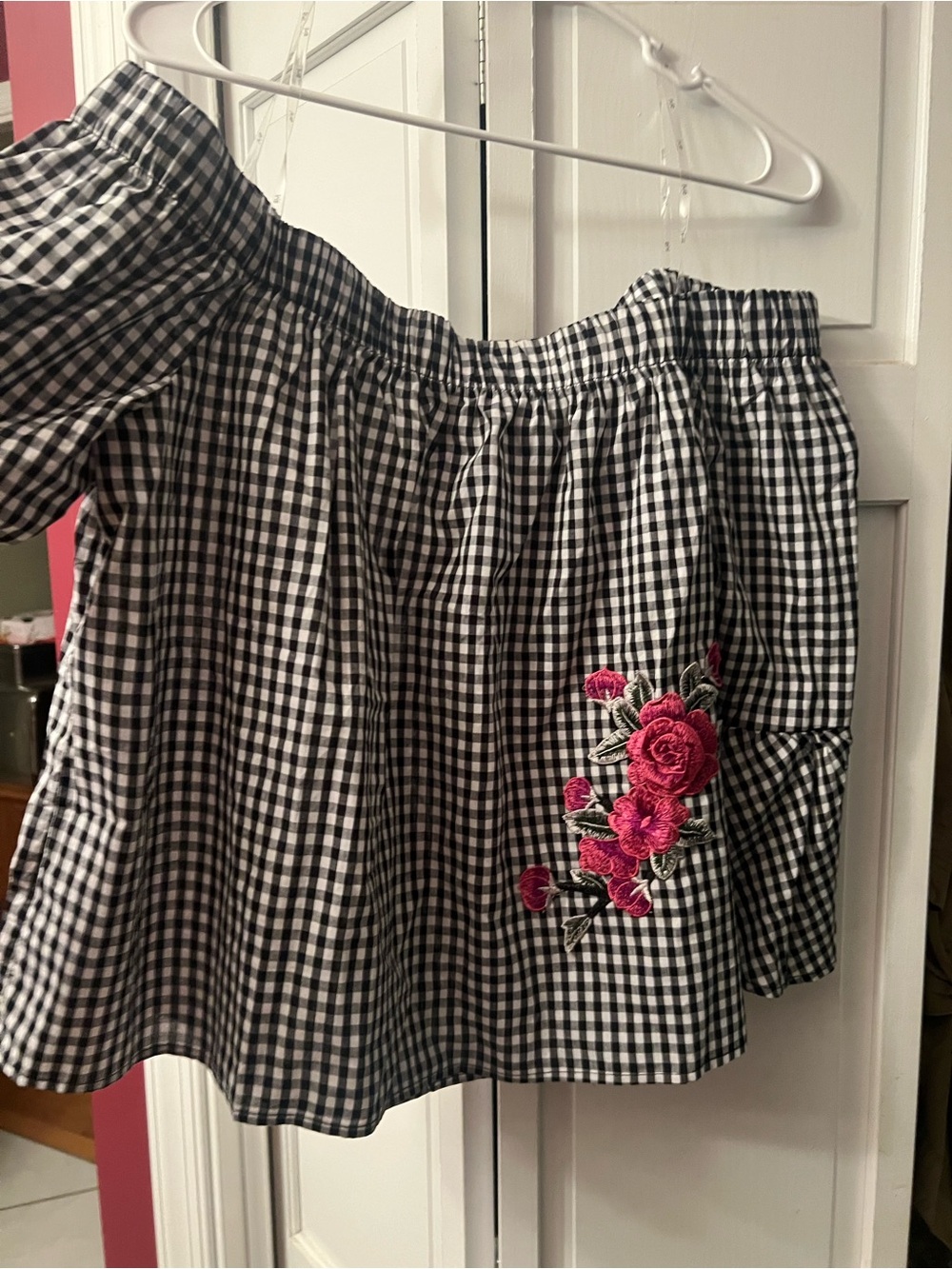 Black & White Gingham Off-Shoulder Skirt with Pink Floral Embroidery